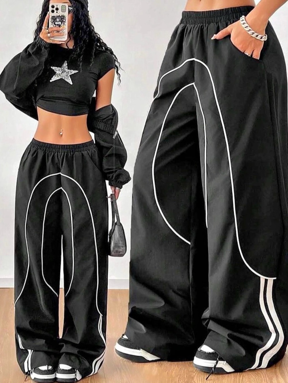 SHEIN EZwear Contrast Piping Drawstring Waist Wide Leg Pants Wide Leg Pants